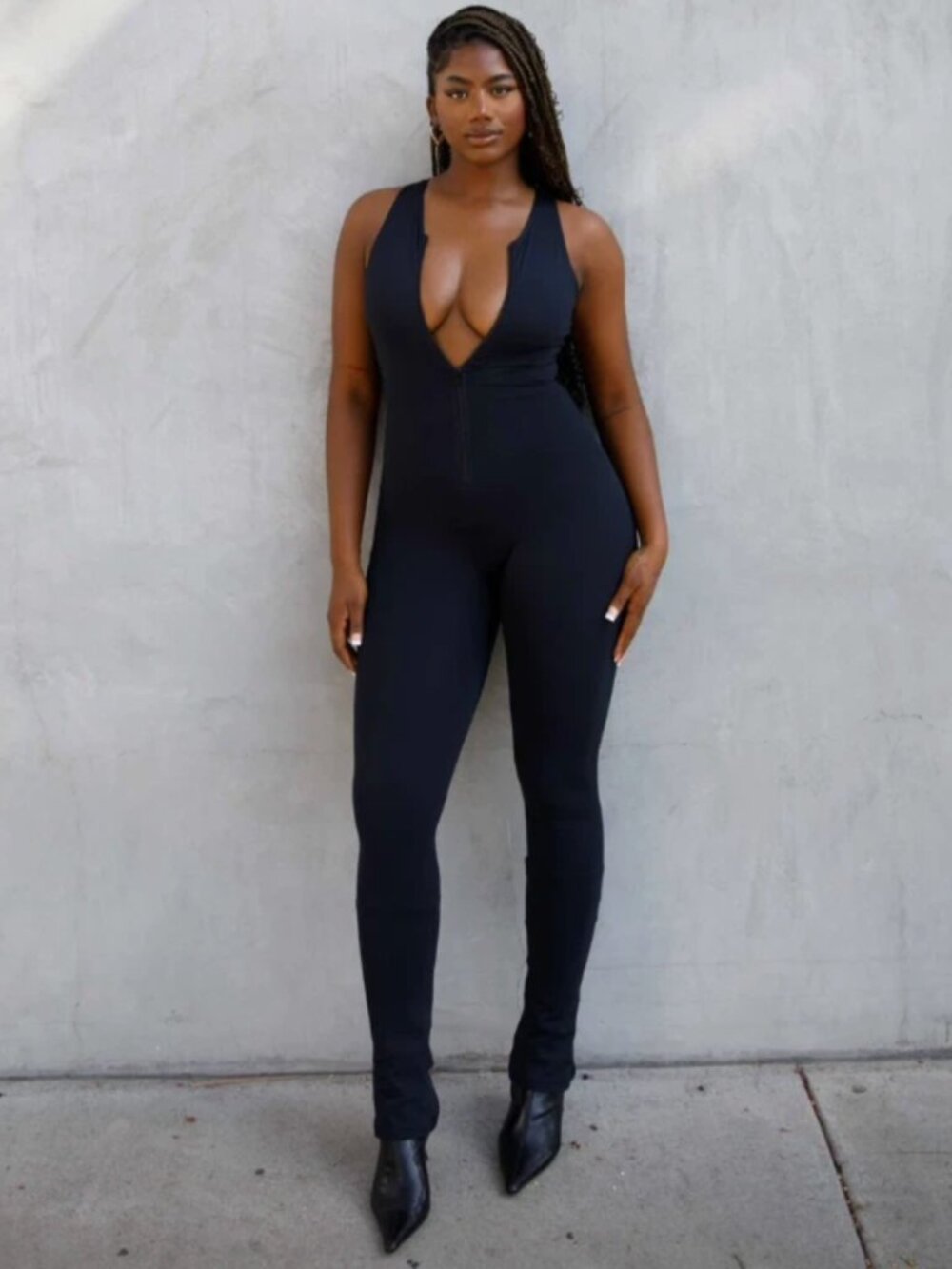 NEW Stript Ari Bodysuit Jumpsuit Zip Front Black Compression Stretch Size Medium